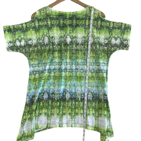 Jess & Jane Womens Tie Dye Tunic Top L Artsy Rhinestone Shark Bite Green Blouse - Picture 11 of 13